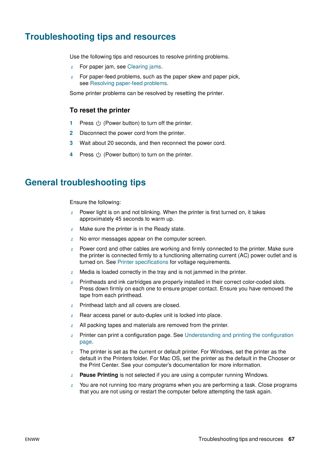 HP 2800 manual Troubleshooting tips and resources, General troubleshooting tips, To reset the printer 