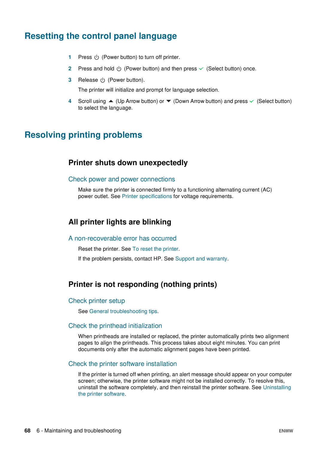 HP 2800 manual Resetting the control panel language, Resolving printing problems, Printer shuts down unexpectedly 