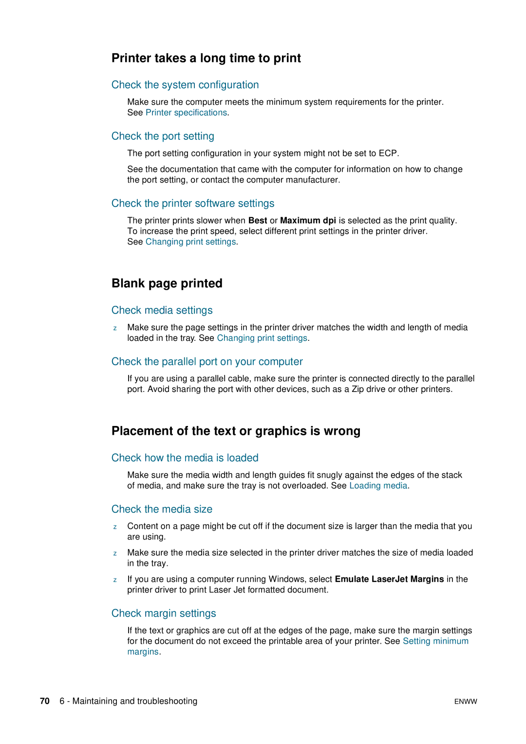 HP 2800 manual Printer takes a long time to print, Blank page printed, Placement of the text or graphics is wrong 