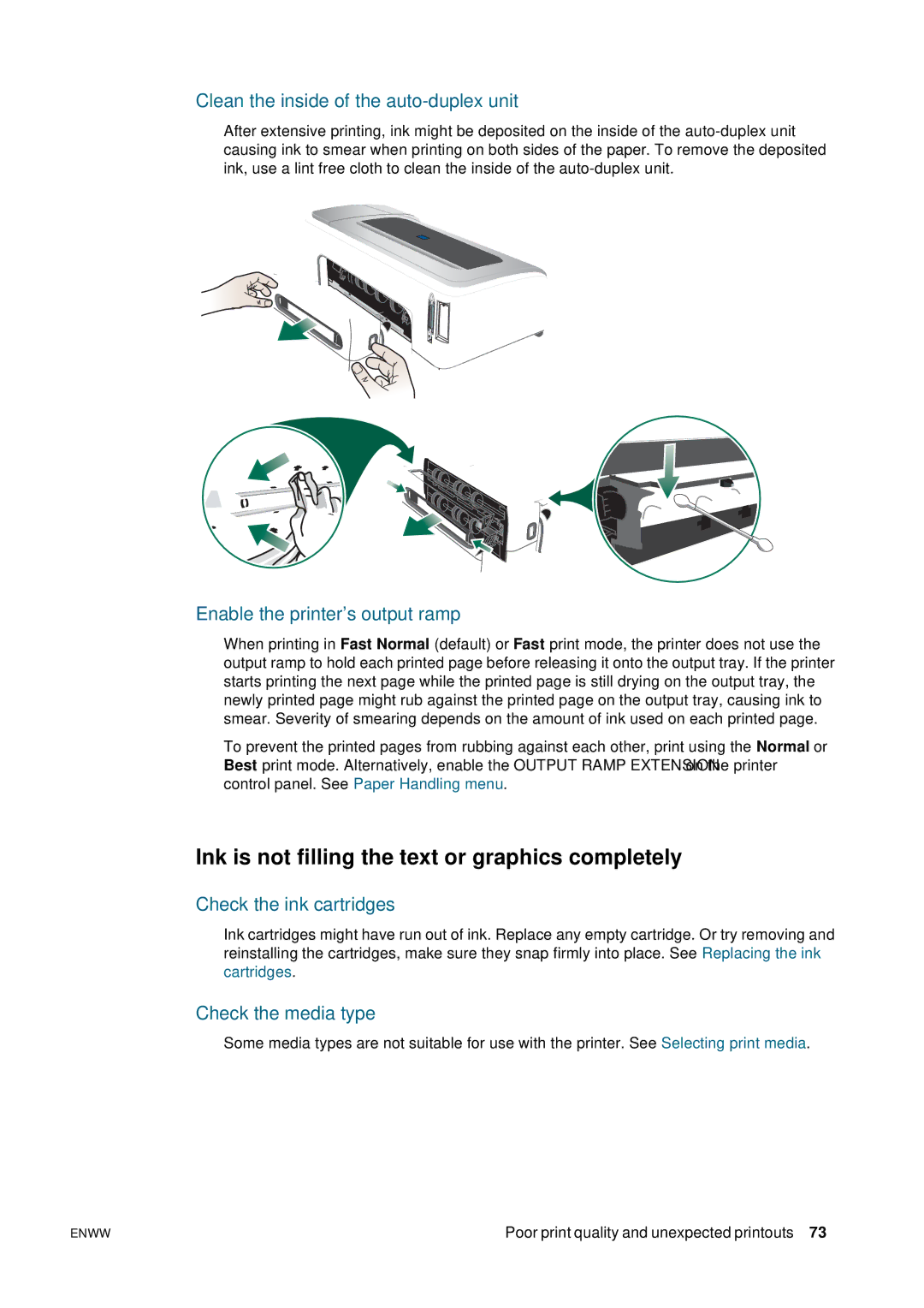 HP 2800 manual Ink is not filling the text or graphics completely, Clean the inside of the auto-duplex unit 