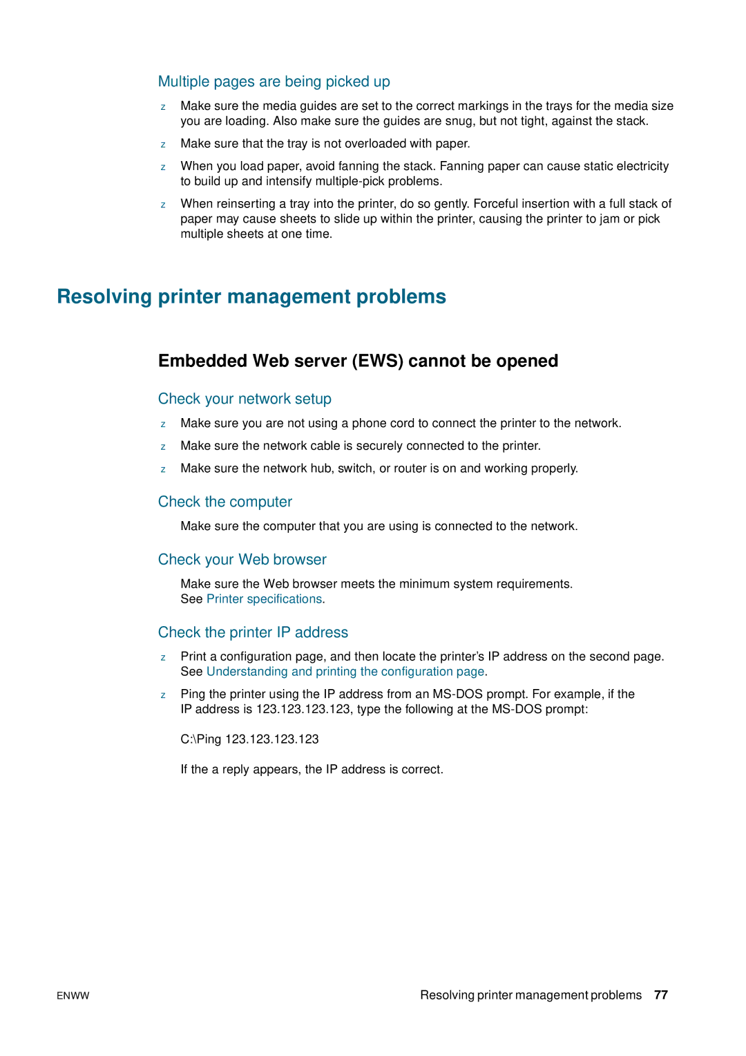 HP 2800 manual Resolving printer management problems, Embedded Web server EWS cannot be opened 