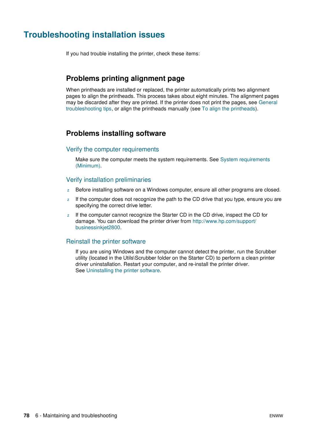 HP 2800 manual Troubleshooting installation issues, Problems printing alignment, Problems installing software 