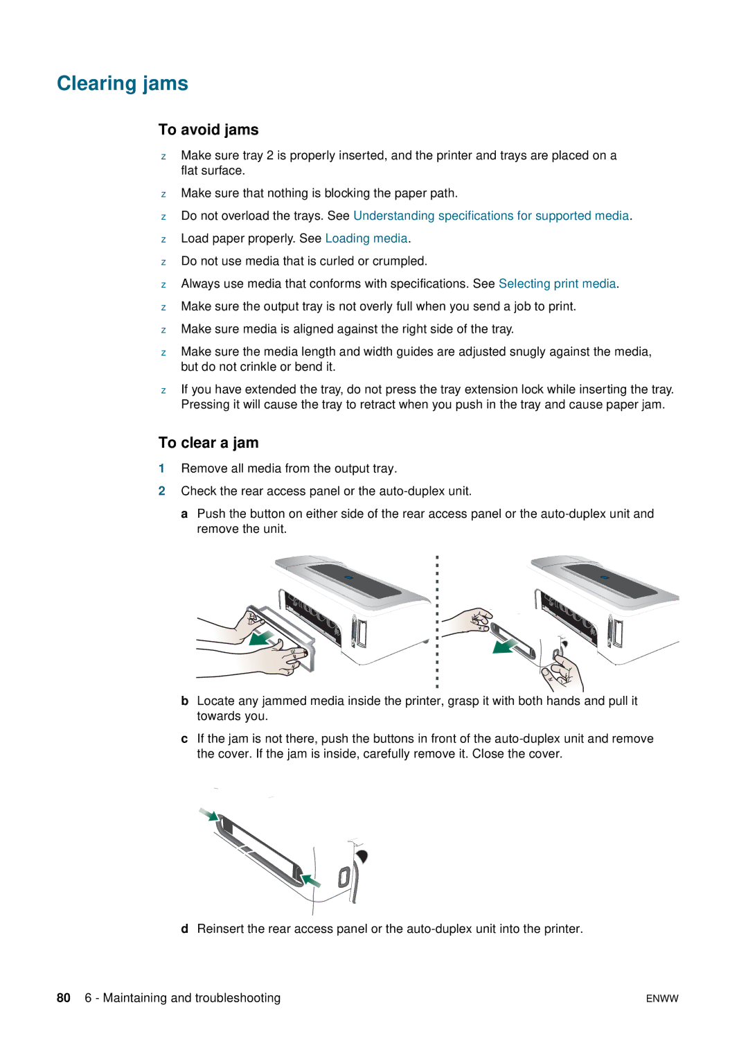 HP 2800 manual Clearing jams, To avoid jams, To clear a jam 