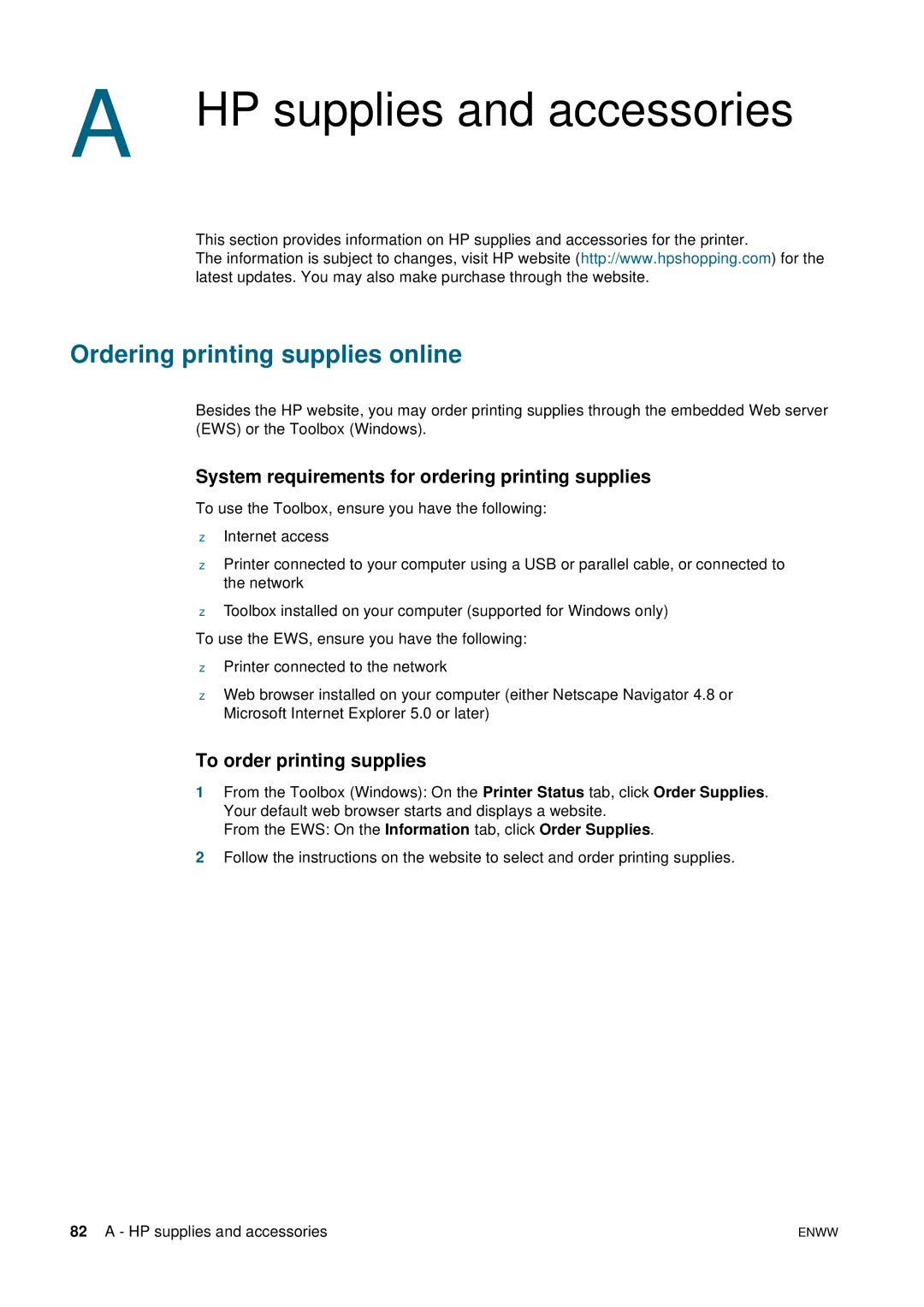 HP 2800 HP supplies and accessories, Ordering printing supplies online, System requirements for ordering printing supplies 