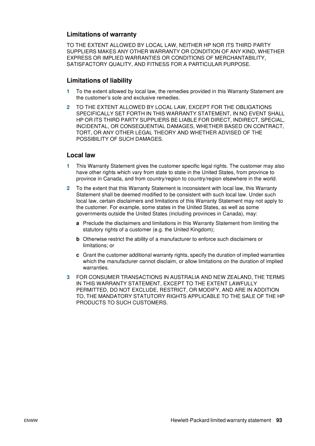 HP 2800 manual Limitations of warranty, Limitations of liability, Local law 