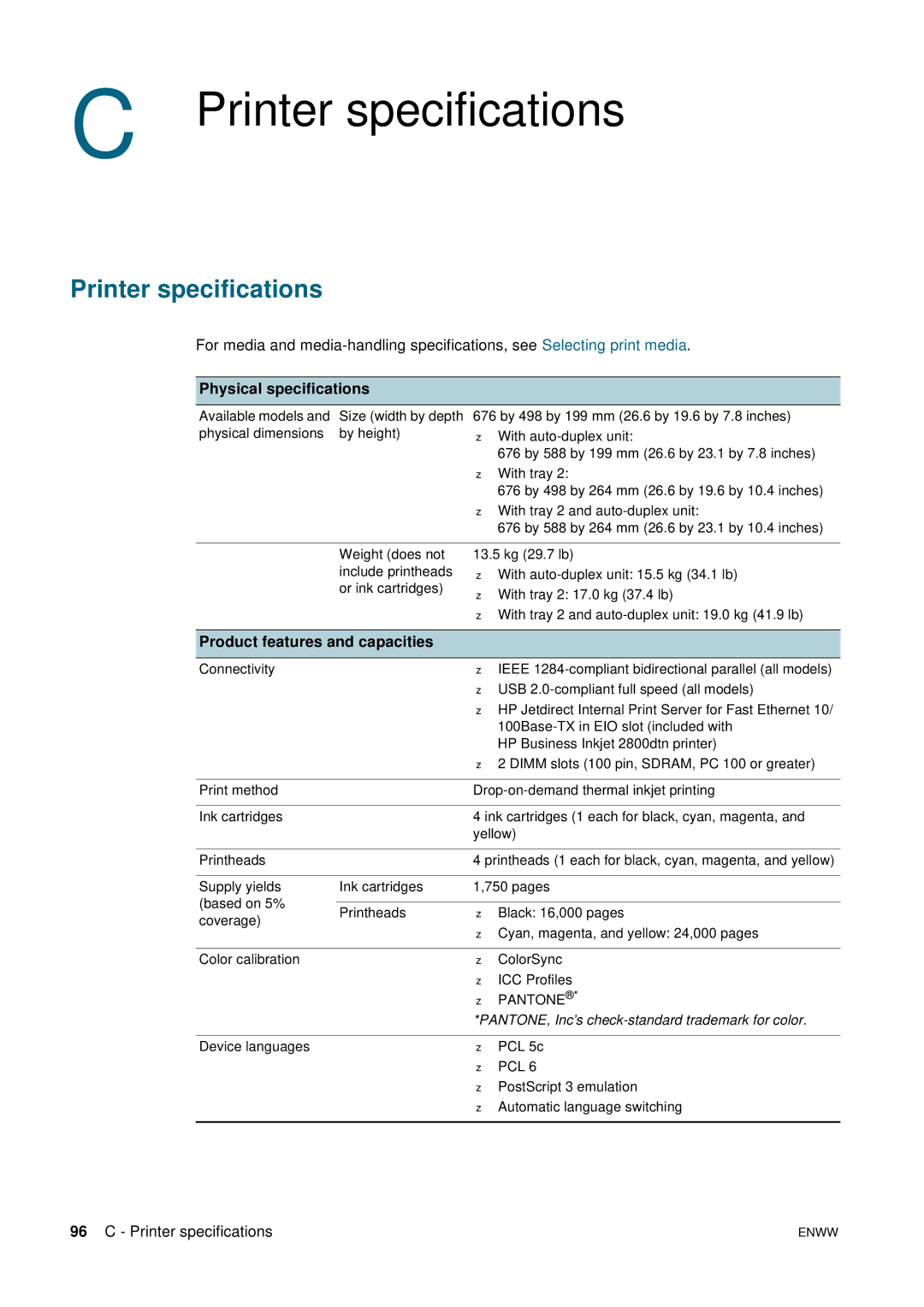 HP 2800 manual Printer specifications, Physical specifications, Product features and capacities 