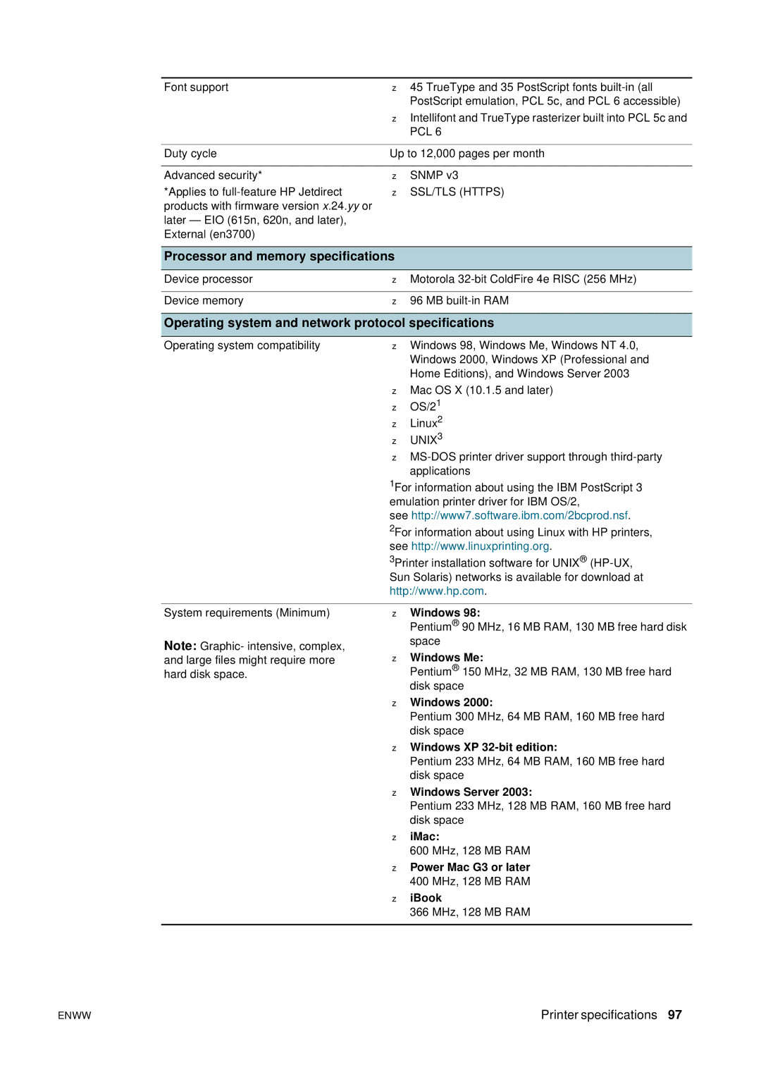 HP 2800 manual Processor and memory specifications, Operating system and network protocol specifications 