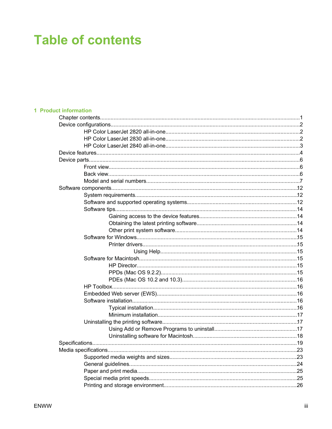 HP 2820, 2840, 2830 manual Table of contents 