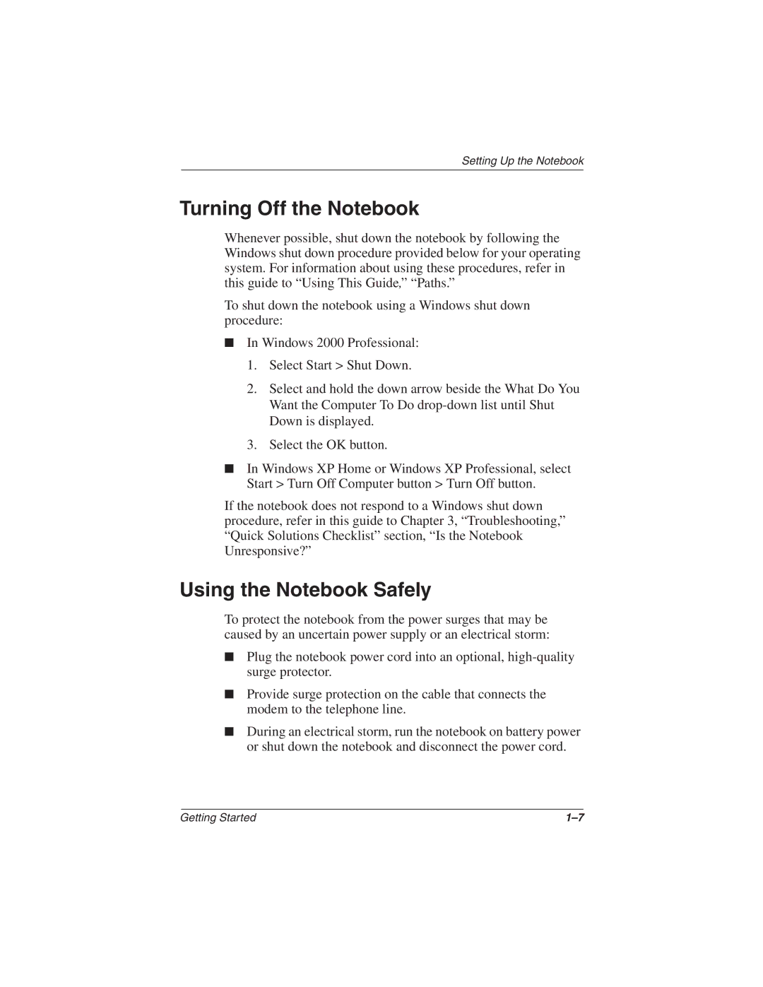 HP 2857AP manual Turning Off the Notebook, Using the Notebook Safely 