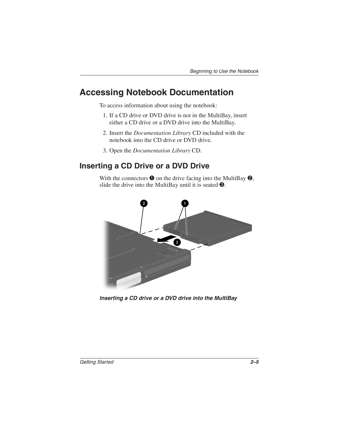 HP 2857AP manual Accessing Notebook Documentation, Inserting a CD Drive or a DVD Drive 