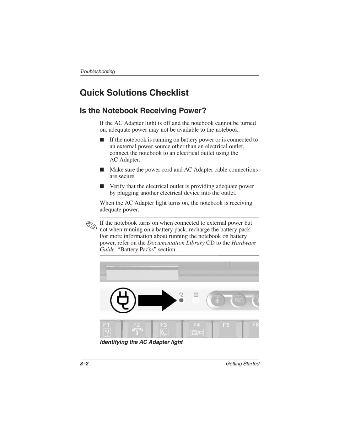 HP 2857AP manual Quick Solutions Checklist, Is the Notebook Receiving Power? 