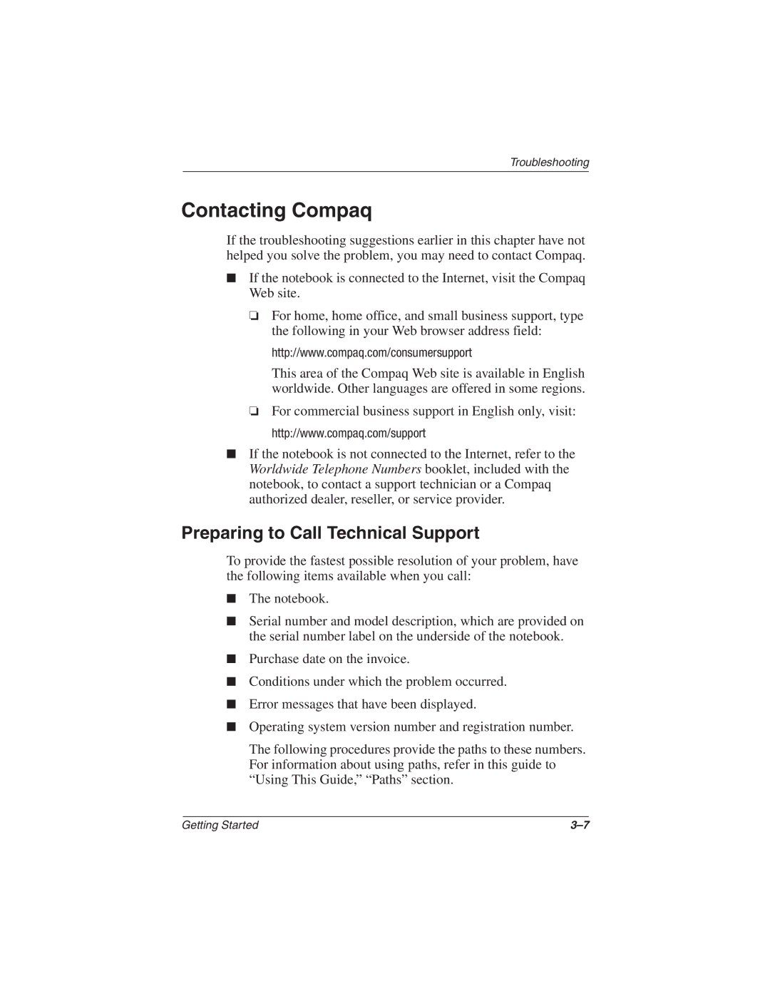 HP 2857AP manual Contacting Compaq, Preparing to Call Technical Support 