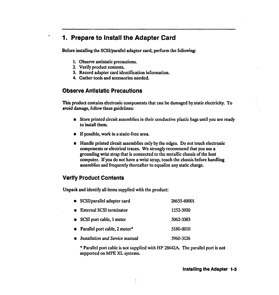 HP 28642A manual Prepare to Install the Adapter Card, Observe Antlstatic Precautions, Verify Product Contents 