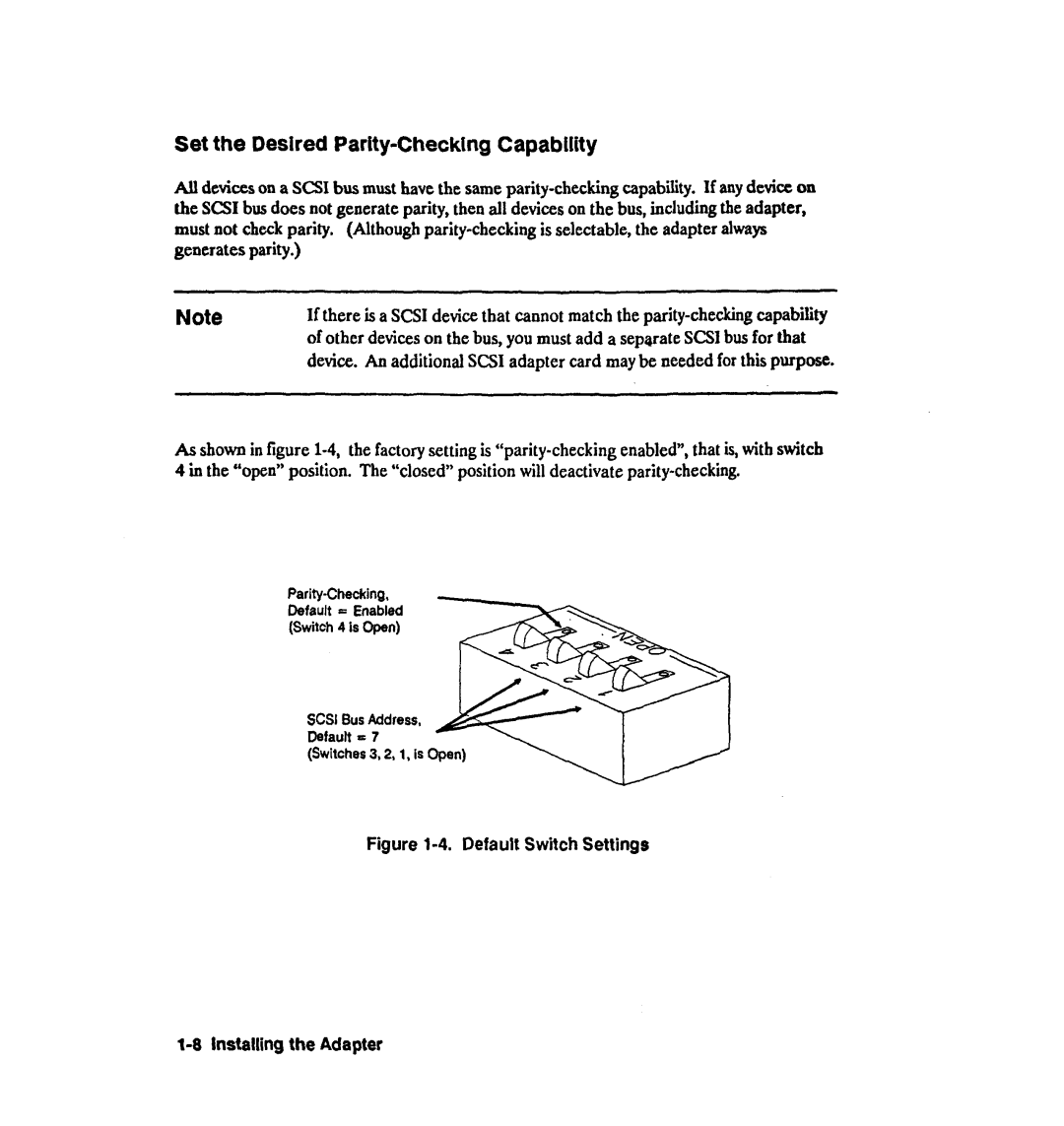 HP 28642A manual Set the Desired Parity-Checking CapabUity, Figure l-4. Default Switch Settings Installing the Adapter 