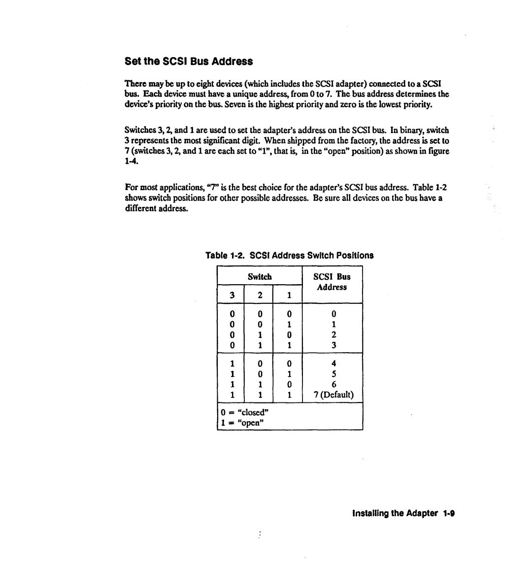 HP 28642A manual Set the Scsi Bus Address, Defauh, = closed = open Installing the Adapter l-9 