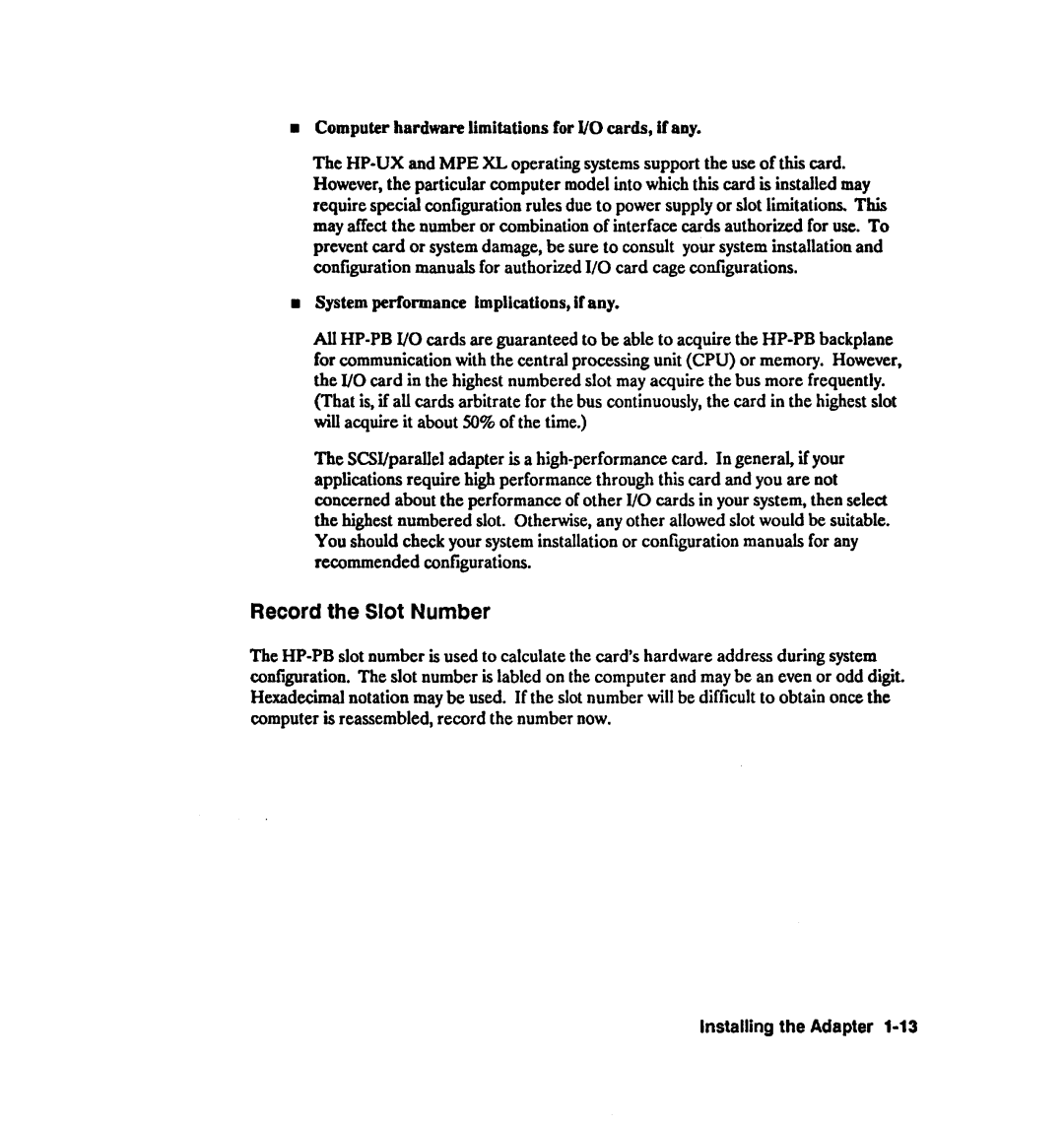 HP 28642A manual Record the Slot Number, Computer hardware limitations for l/O cards, if any 