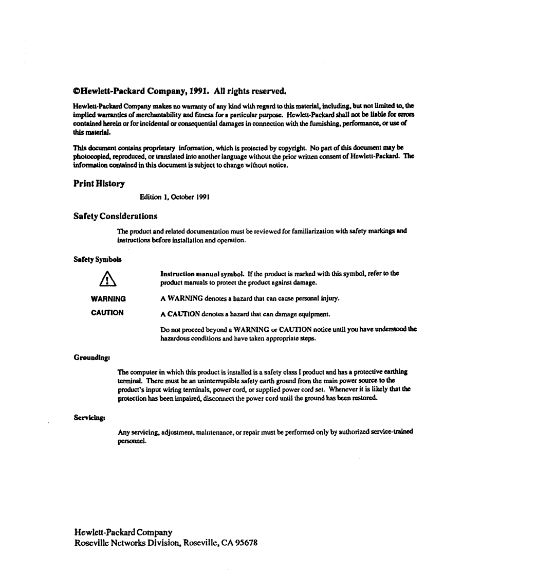 HP 28642A manual @Hewlett-Packard Company, 1991. AI1rights rcservcd, Print History, Safety Considerations 