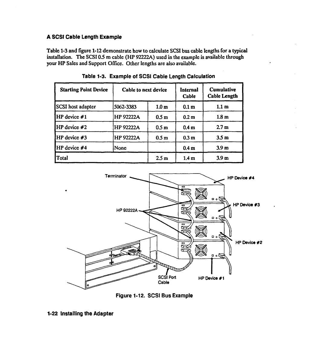 HP 28642A manual Scsi Cable Length Example, Scsi Bus Example Installing the Adapter 