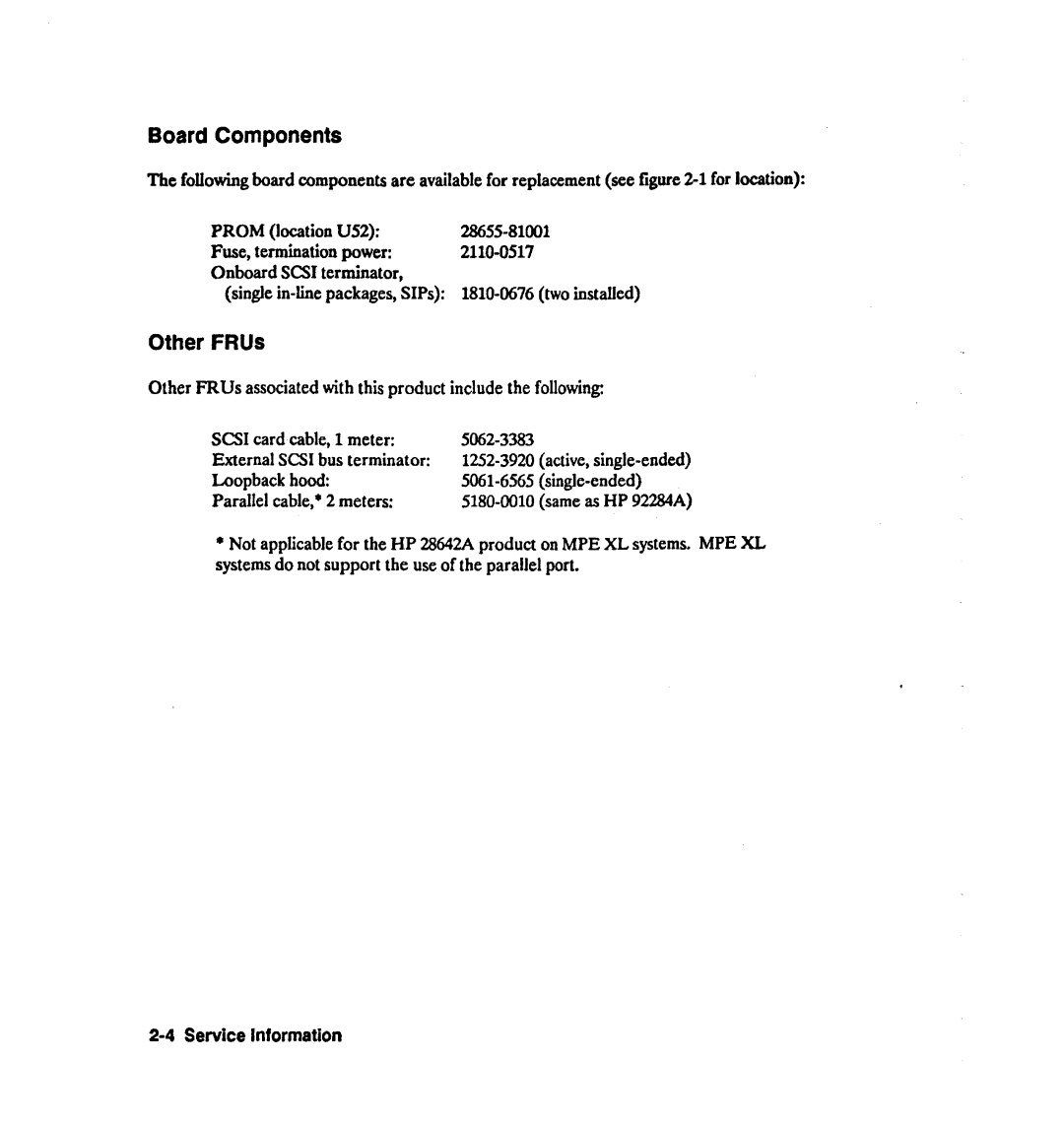 HP 28642A manual Board Components, Other FRUs 