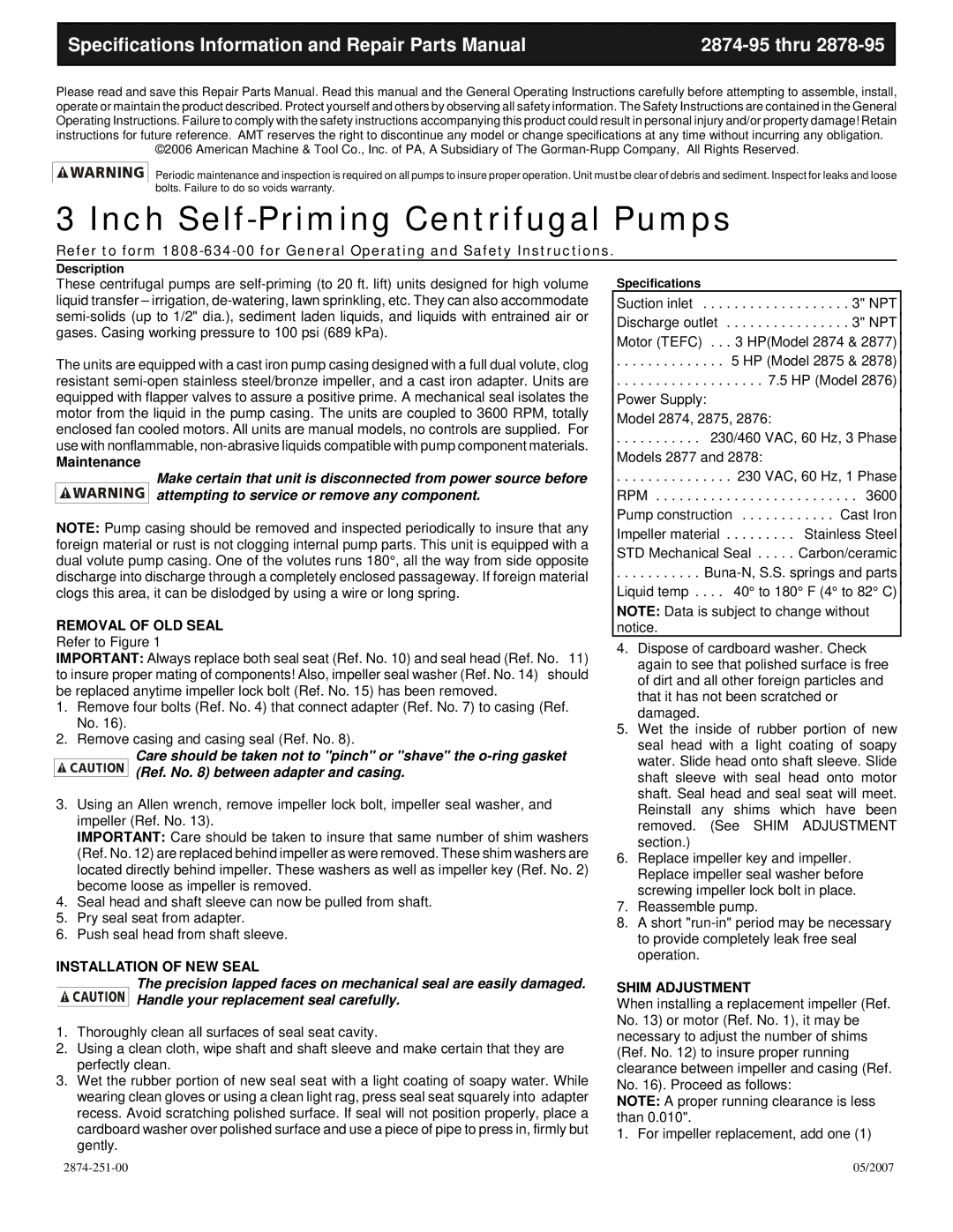 HP 2875, 2877, 2874 manual Inch Self-Priming Centrifugal Pumps, Specifications Information and Repair Parts Manual Thru 