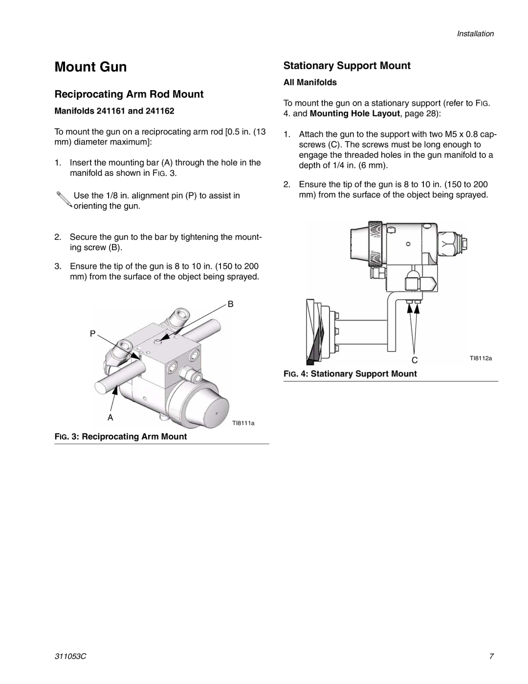 HP 288048 manual Mount Gun, Reciprocating Arm Rod Mount, Stationary Support Mount, All Manifolds, Mounting Hole Layout 