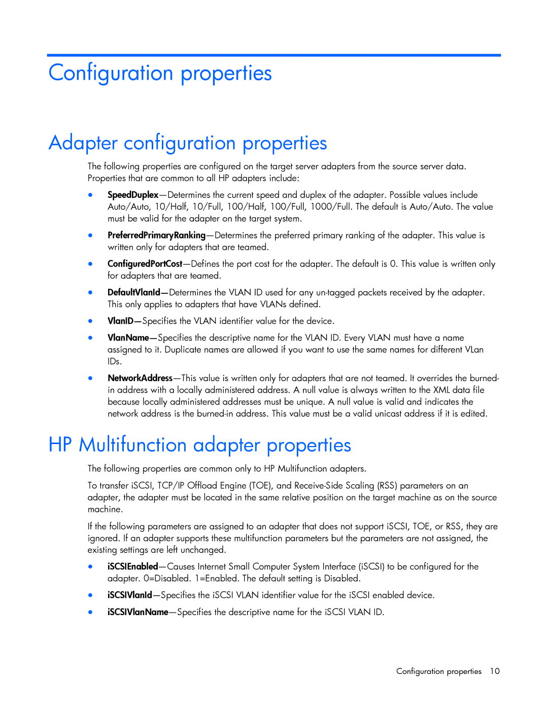 HP 289166-40B manual Configuration properties, Adapter configuration properties, HP Multifunction adapter properties 