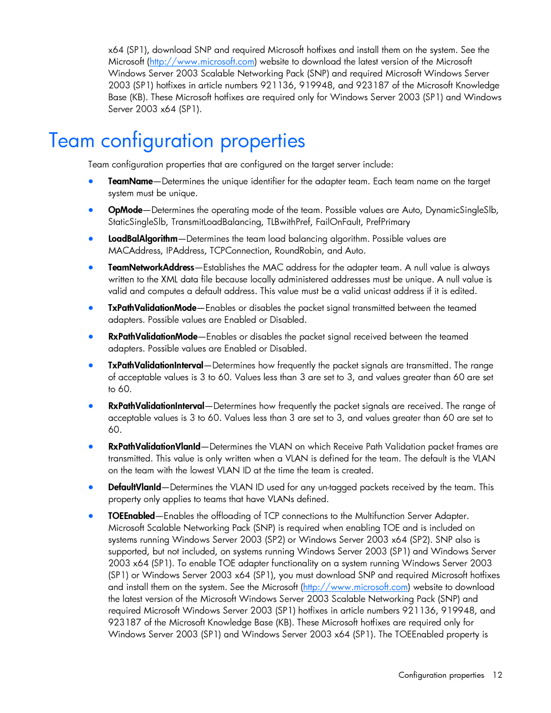 HP 289166-40B manual Team configuration properties 