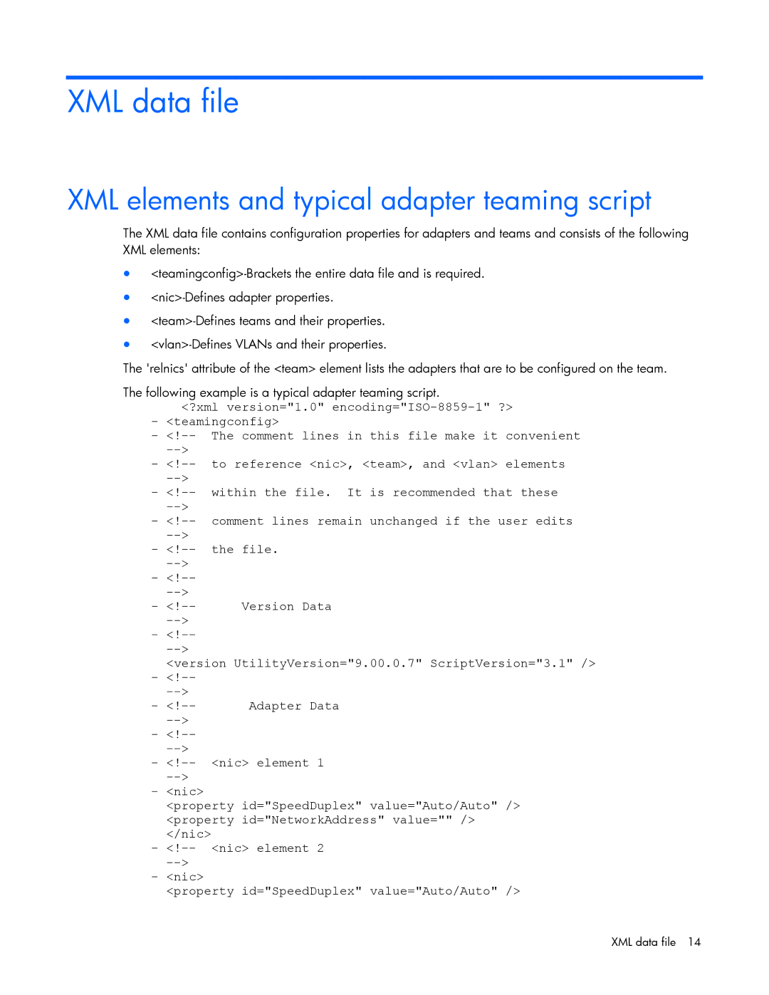 HP 289166-40B manual XML data file, XML elements and typical adapter teaming script 