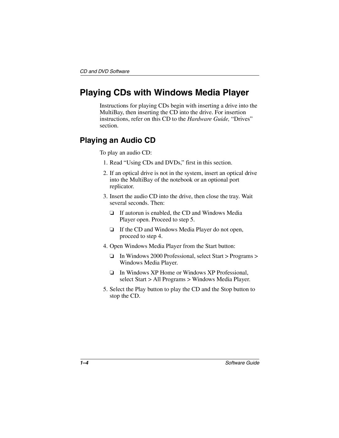 HP 2860AP, 2899AP, 2897AP, 2896AP, 2898AP, 2892AP, 2893AP, 2891AP Playing CDs with Windows Media Player, Playing an Audio CD 