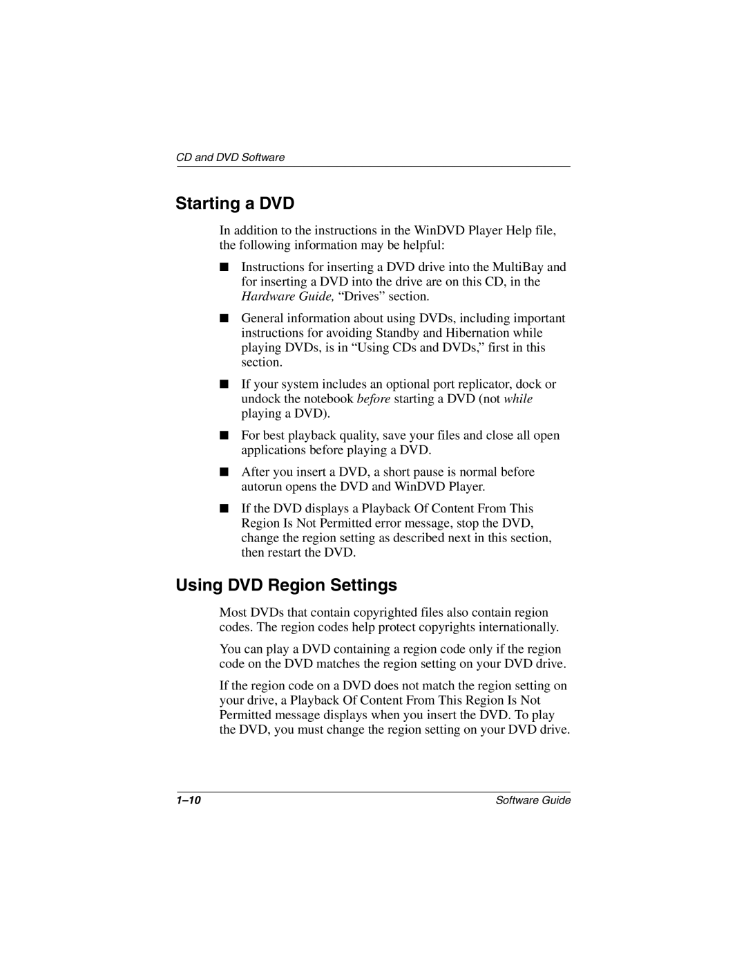 HP 2852AP, 2899AP, 2897AP, 2896AP, 2898AP, 2892AP, 2893AP, 2891AP, 2890AP, 2889AP, 2886AP Starting a DVD, Using DVD Region Settings 