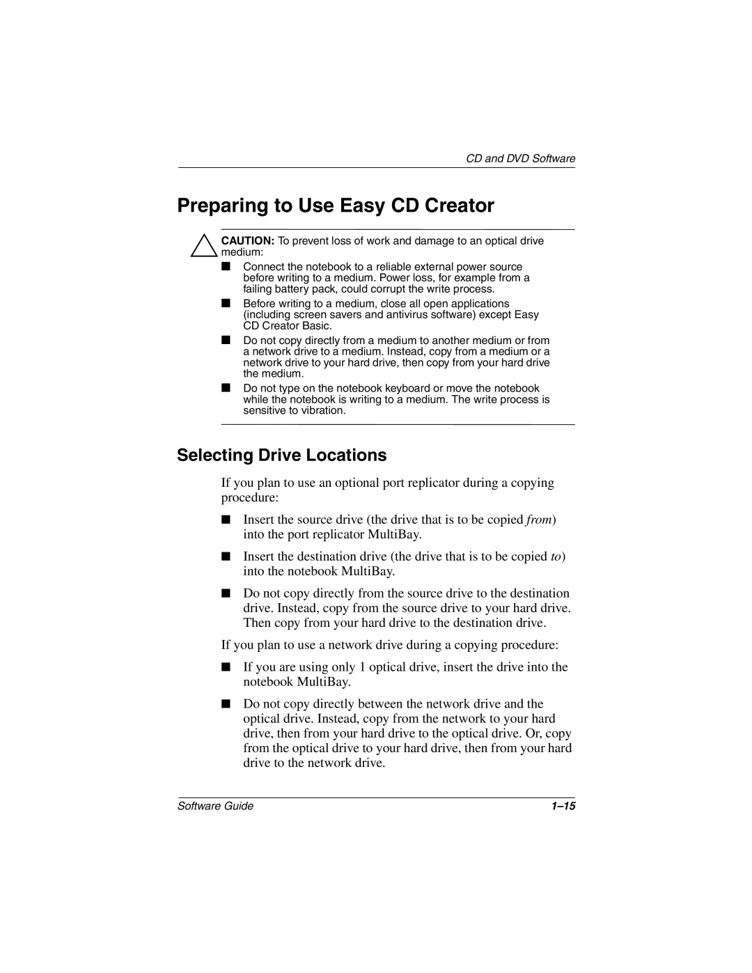 HP 2844AP, 2899AP, 2897AP, 2896AP, 2898AP, 2892AP, 2893AP, 2891AP Preparing to Use Easy CD Creator, Selecting Drive Locations 