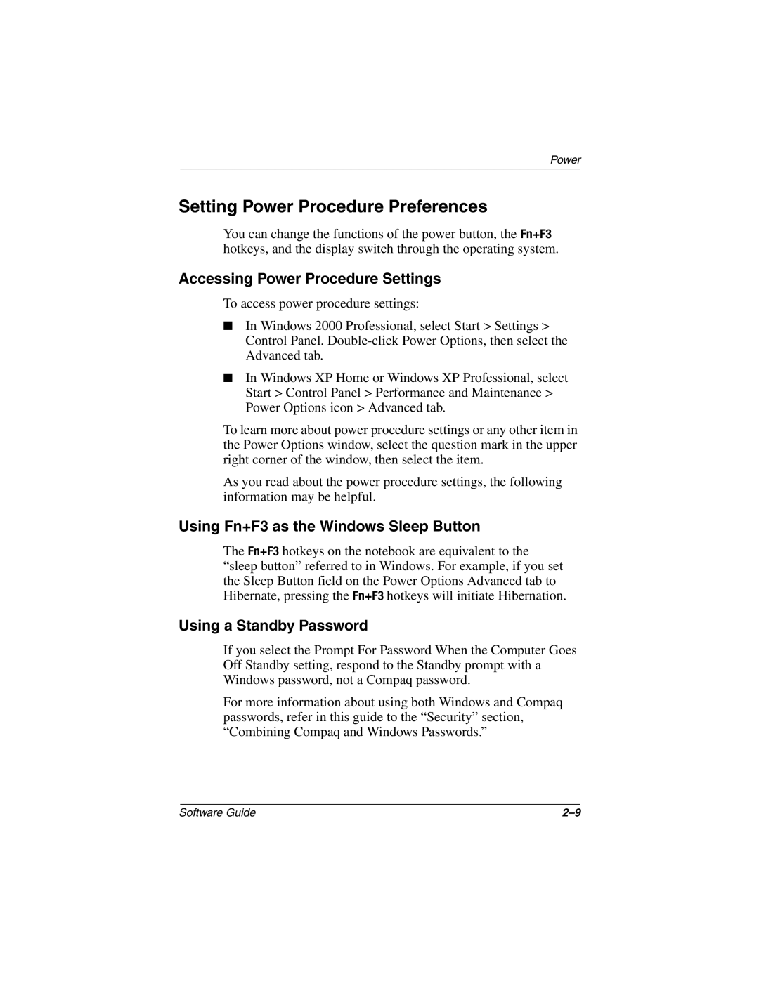 HP 2879AP Setting Power Procedure Preferences, Accessing Power Procedure Settings, Using Fn+F3 as the Windows Sleep Button 