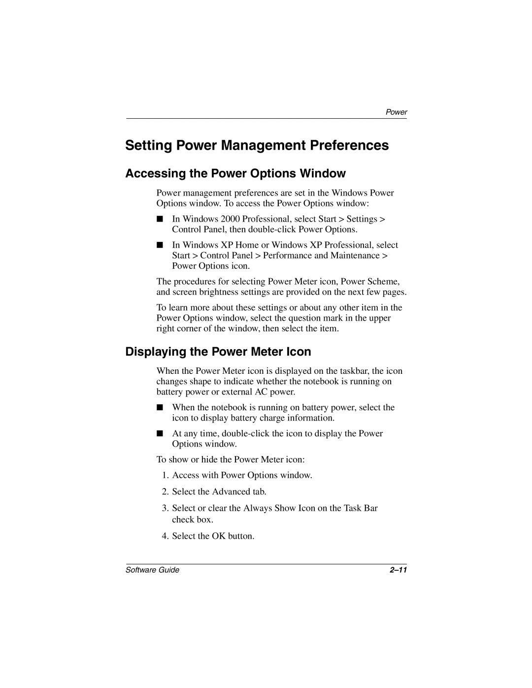 HP 2877AP manual Setting Power Management Preferences, Accessing the Power Options Window, Displaying the Power Meter Icon 