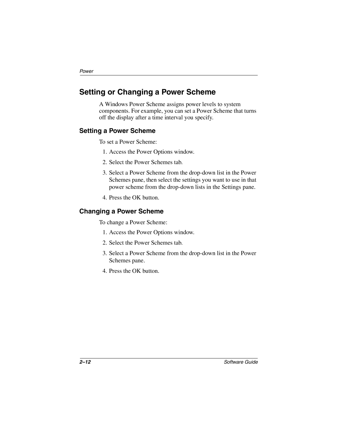 HP 2876AP, 2899AP, 2897AP, 2896AP, 2898AP, 2892AP, 2893AP, 2891AP Setting or Changing a Power Scheme, Setting a Power Scheme 