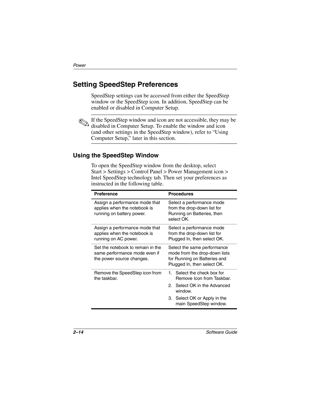 HP 2883AP, 2899AP, 2897AP, 2896AP, 2898AP, 2892AP, 2893AP, 2891AP manual Setting SpeedStep Preferences, Using the SpeedStep Window 