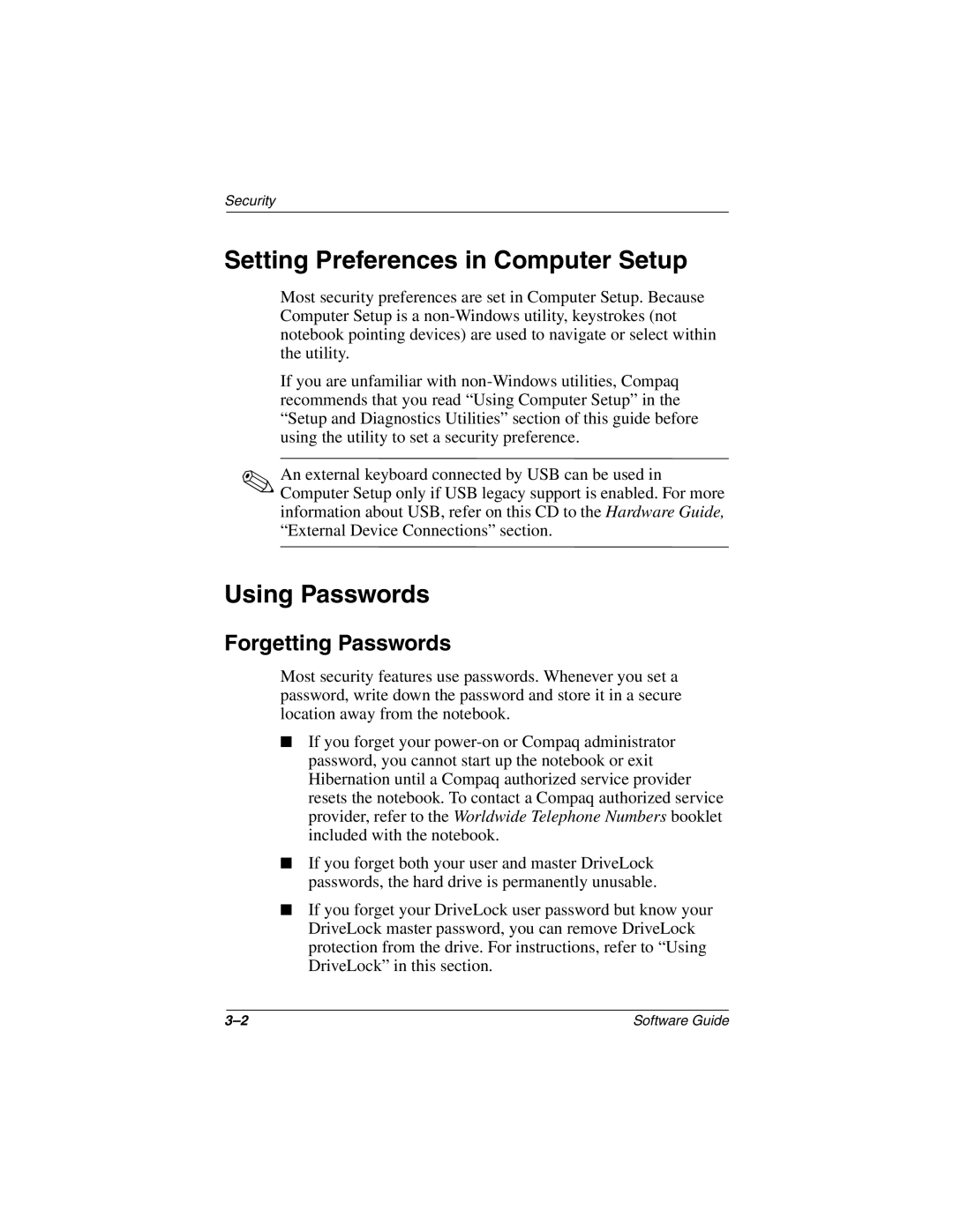 HP 2869AP, 2899AP, 2897AP, 2896AP, 2898AP, 2892AP Setting Preferences in Computer Setup, Using Passwords, Forgetting Passwords 