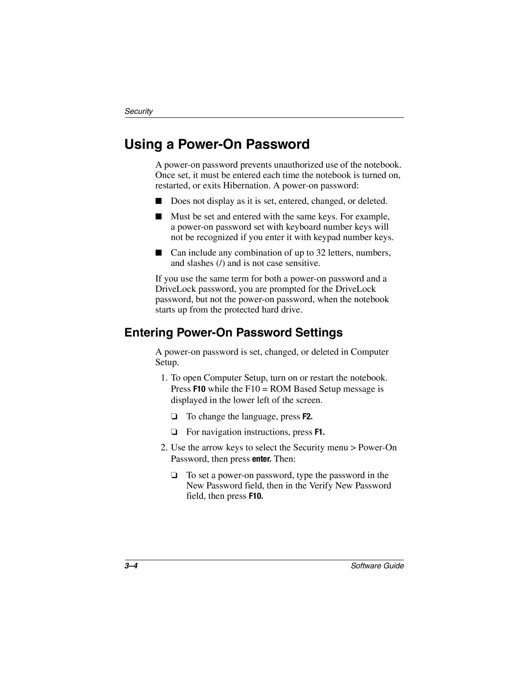 HP 2871AP, 2899AP, 2897AP, 2896AP, 2898AP, 2892AP, 2893AP, 2891AP Using a Power-On Password, Entering Power-On Password Settings 