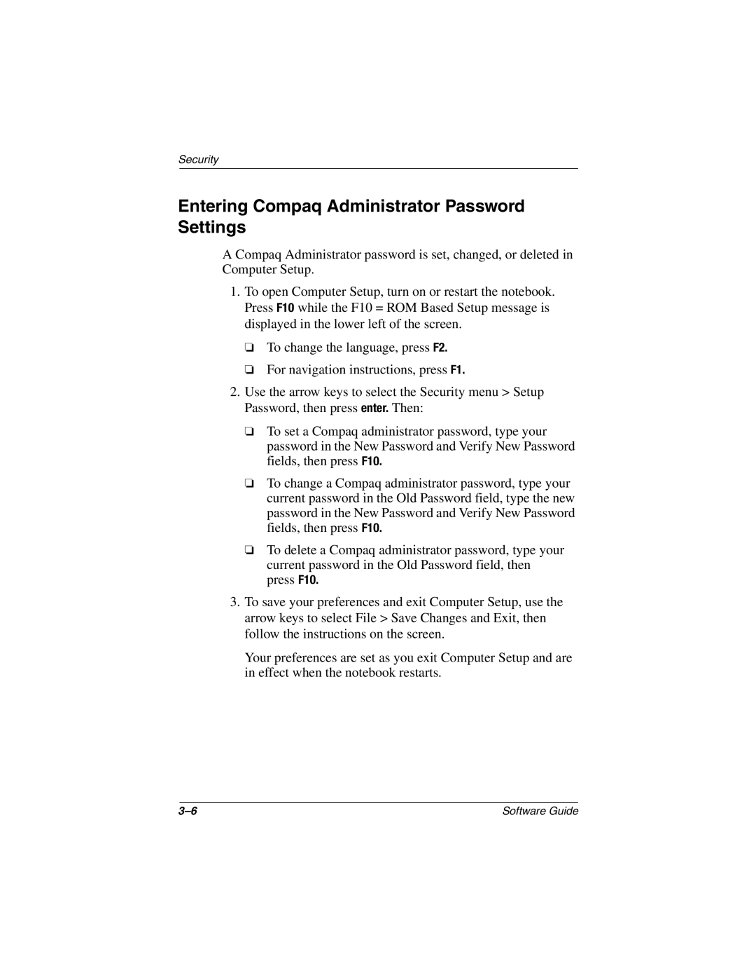 HP 2866AP, 2899AP, 2897AP, 2896AP, 2898AP, 2892AP, 2893AP, 2891AP, 2890AP, 2889AP Entering Compaq Administrator Password Settings 