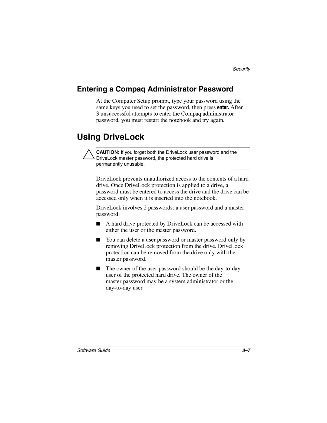 HP 2868AP, 2899AP, 2897AP, 2896AP, 2898AP, 2892AP, 2893AP, 2891AP manual Using DriveLock, Entering a Compaq Administrator Password 