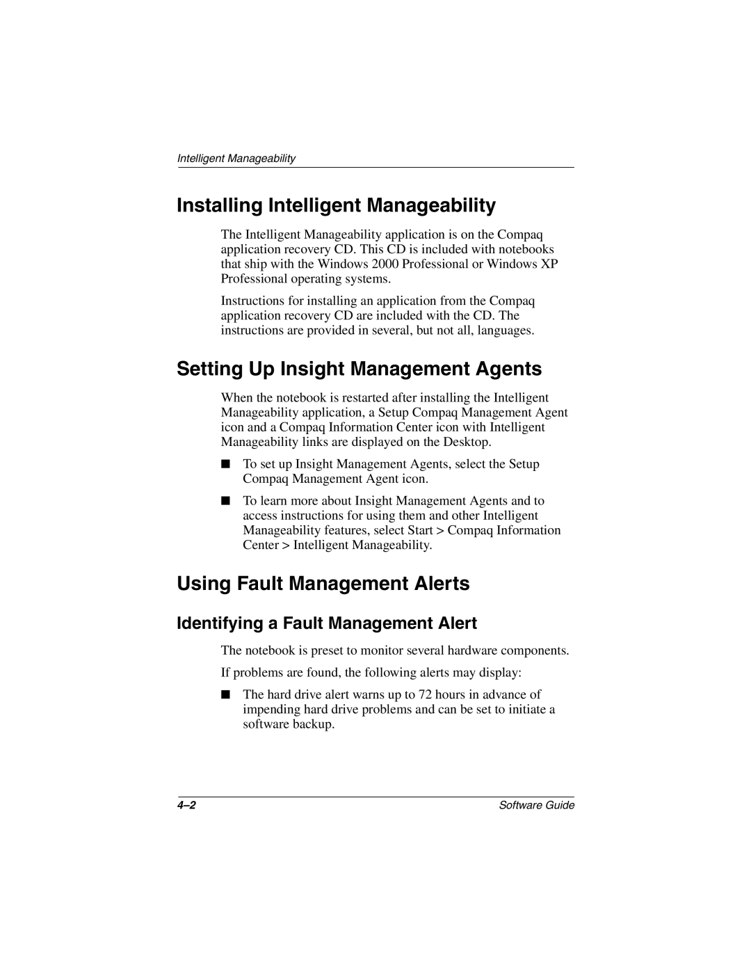 HP 2805EA manual Installing Intelligent Manageability, Setting Up Insight Management Agents, Using Fault Management Alerts 