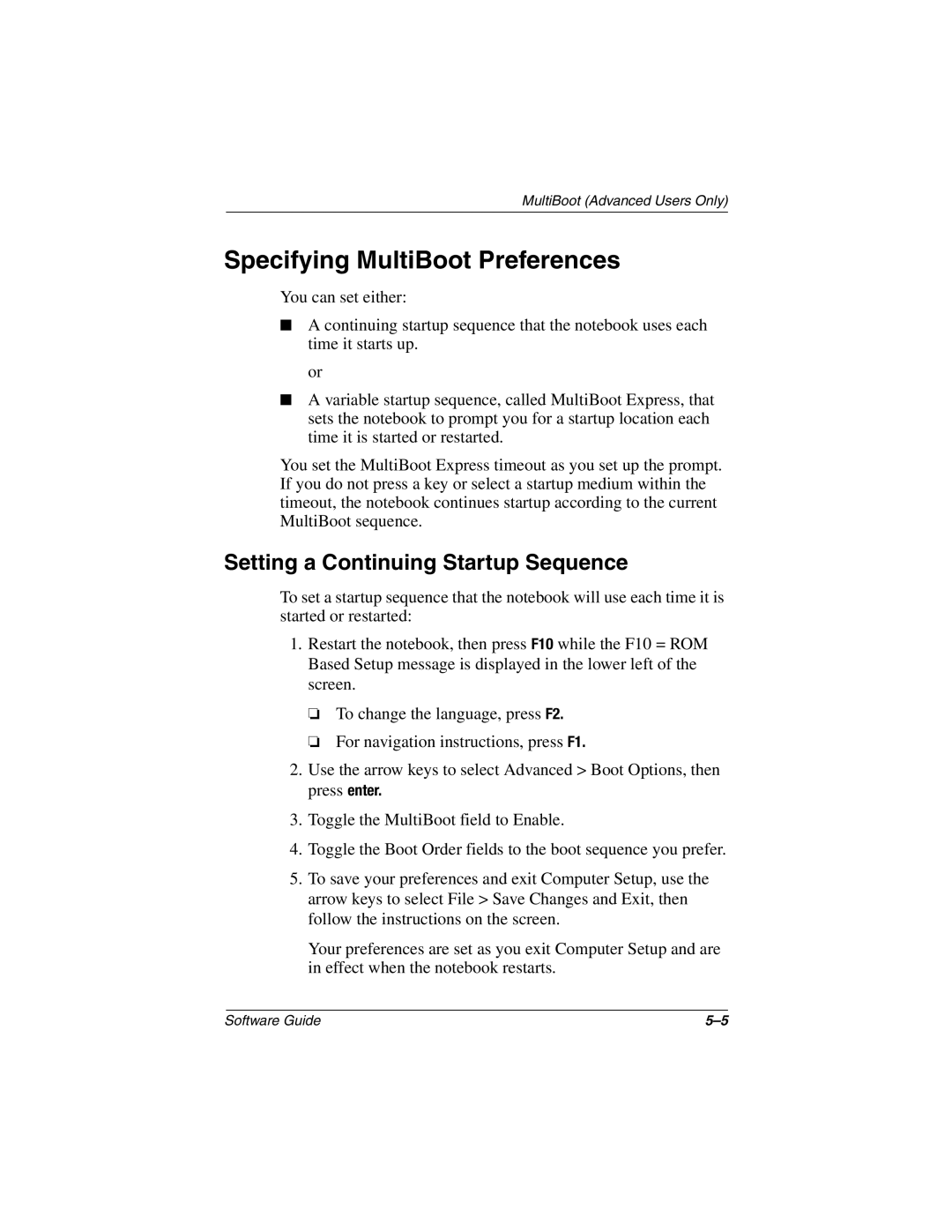 HP 2805AU, 2899AP, 2897AP, 2896AP, 2898AP, 2892AP manual Specifying MultiBoot Preferences, Setting a Continuing Startup Sequence 