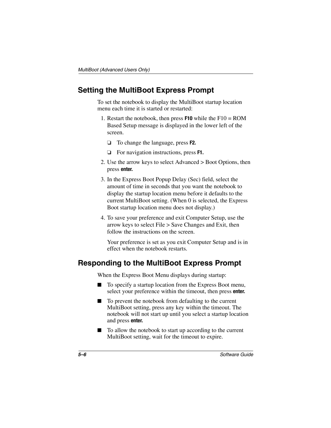 HP 2804SC, 2899AP, 2897AP, 2896AP, 2898AP Setting the MultiBoot Express Prompt, Responding to the MultiBoot Express Prompt 