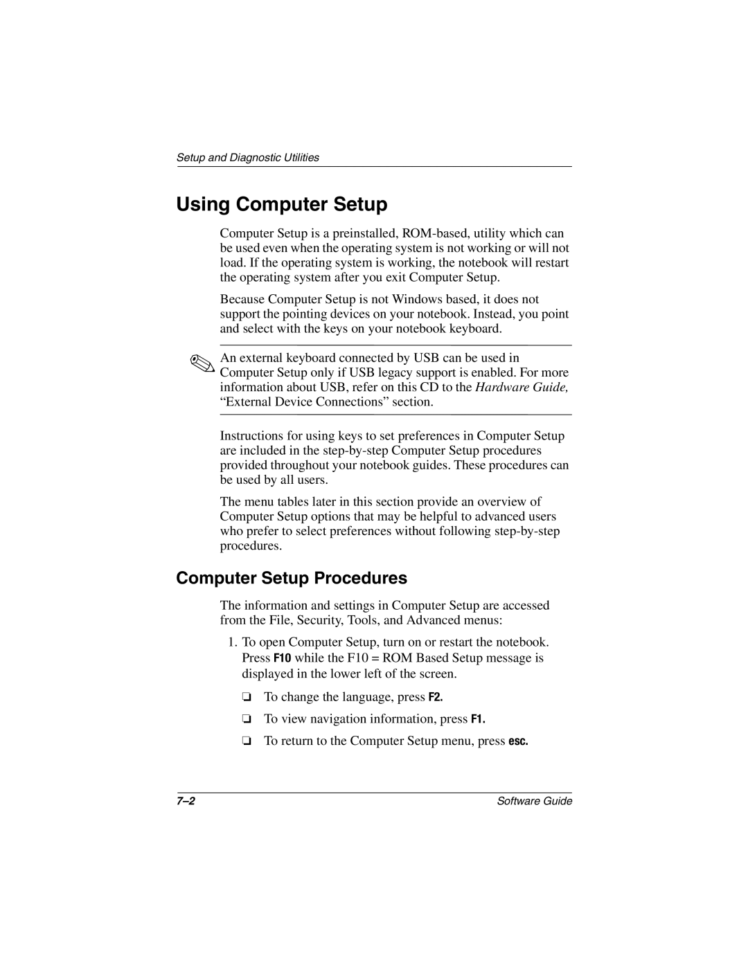 HP 2805US, 2899AP, 2897AP, 2896AP, 2898AP, 2892AP, 2893AP, 2891AP, 2890AP, 2889AP Using Computer Setup, Computer Setup Procedures 