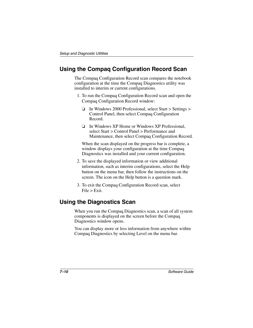 HP 2821SC, 2899AP, 2897AP, 2896AP, 2898AP, 2892AP manual Using the Compaq Configuration Record Scan, Using the Diagnostics Scan 