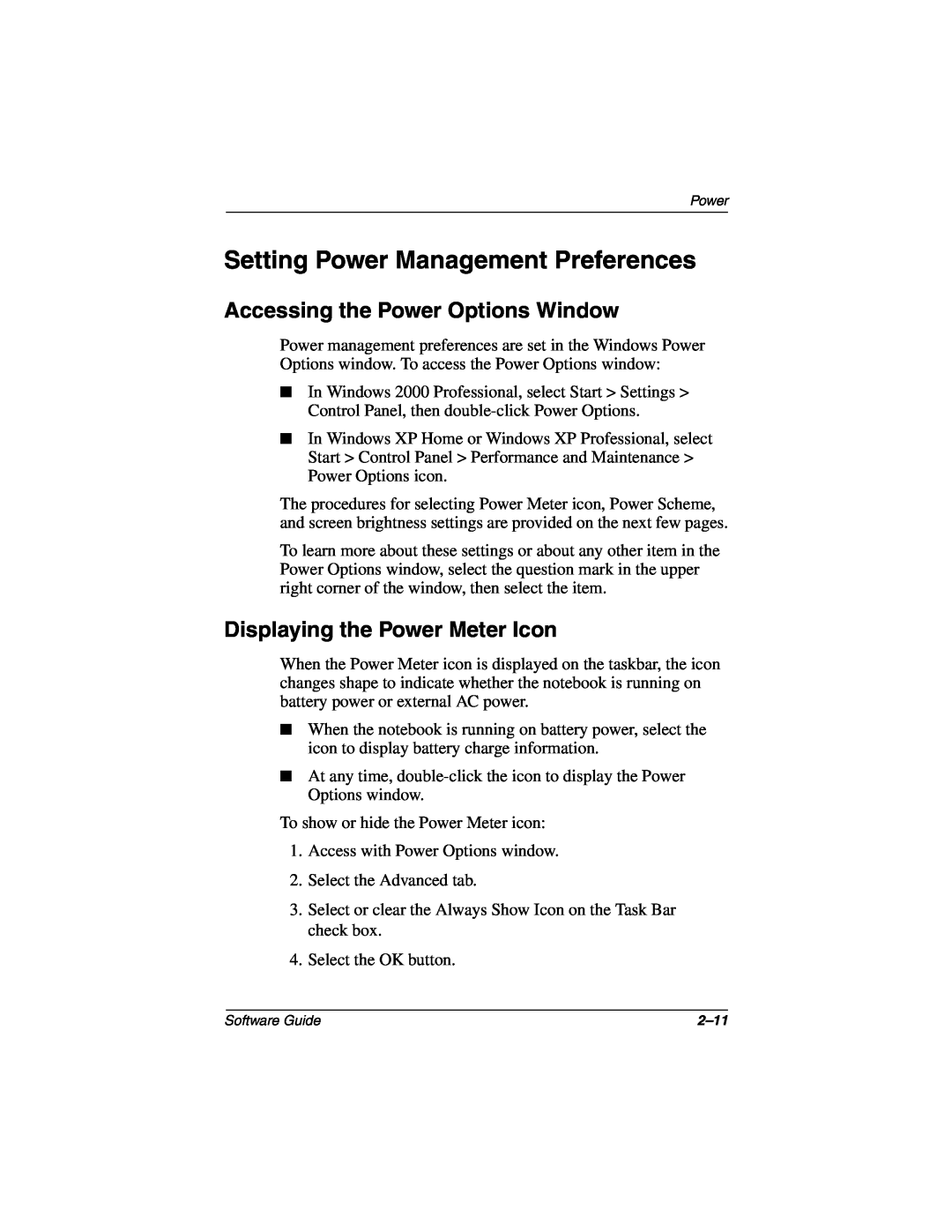 HP 2877AP manual Setting Power Management Preferences, Accessing the Power Options Window, Displaying the Power Meter Icon 