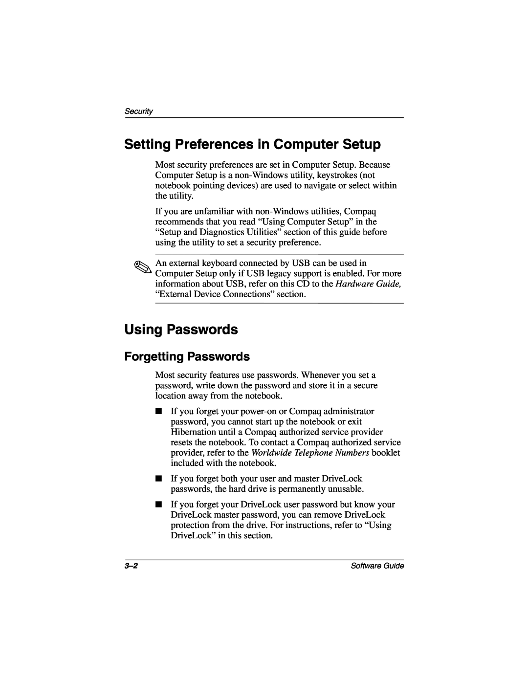 HP 2869AP, 2899AP, 2897AP, 2896AP, 2898AP, 2892AP Setting Preferences in Computer Setup, Using Passwords, Forgetting Passwords 