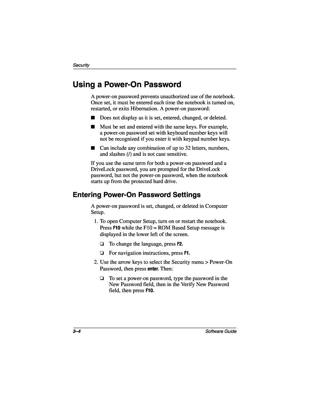 HP 2871AP, 2899AP, 2897AP, 2896AP, 2898AP, 2892AP, 2893AP, 2891AP Using a Power-On Password, Entering Power-On Password Settings 