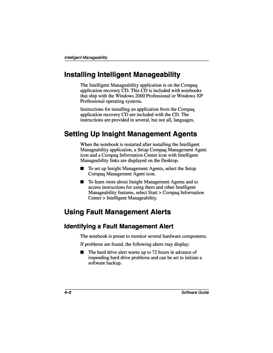 HP 2805EA manual Installing Intelligent Manageability, Setting Up Insight Management Agents, Using Fault Management Alerts 