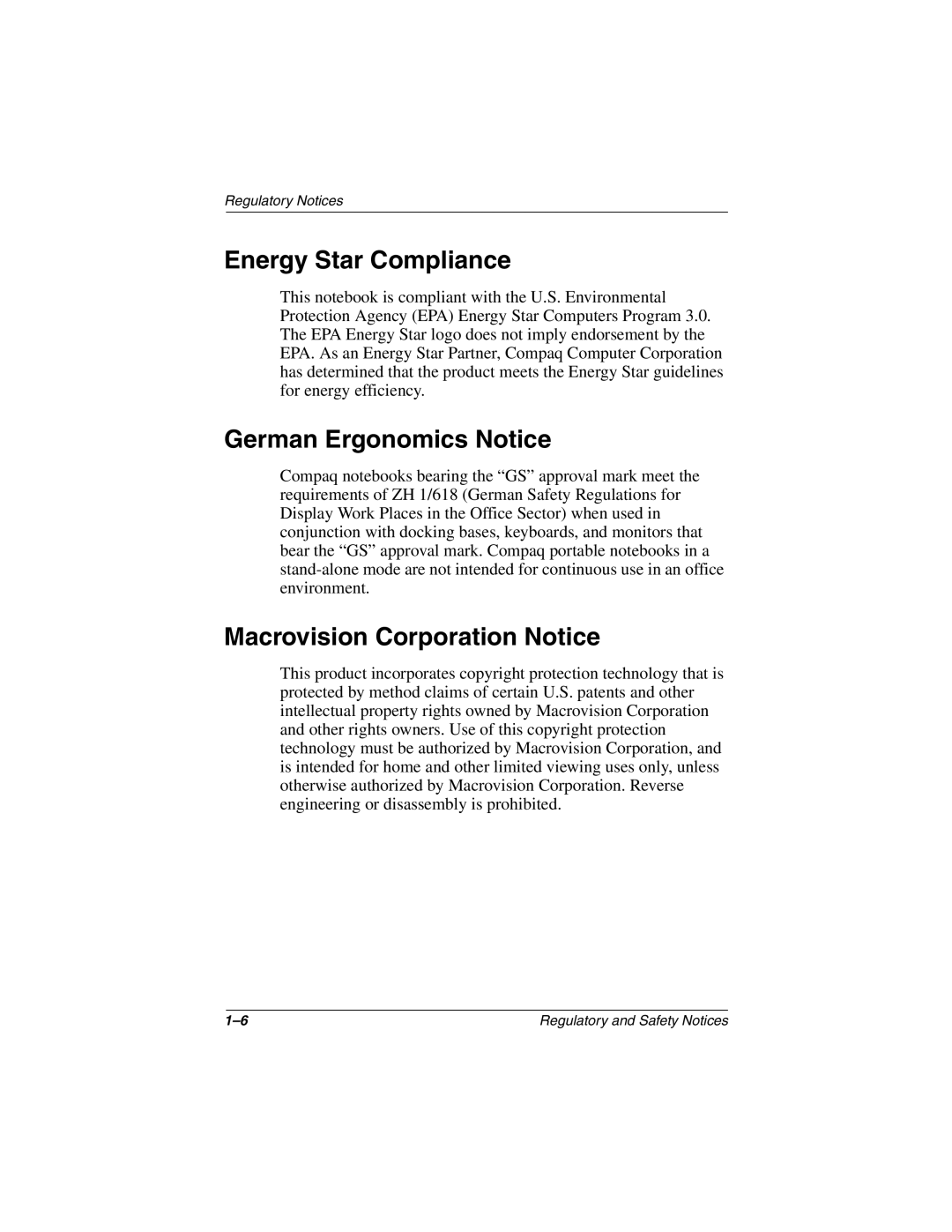 HP 2888AP, 2899AP, 2897AP, 2896AP, 2898AP Energy Star Compliance, German Ergonomics Notice, Macrovision Corporation Notice 