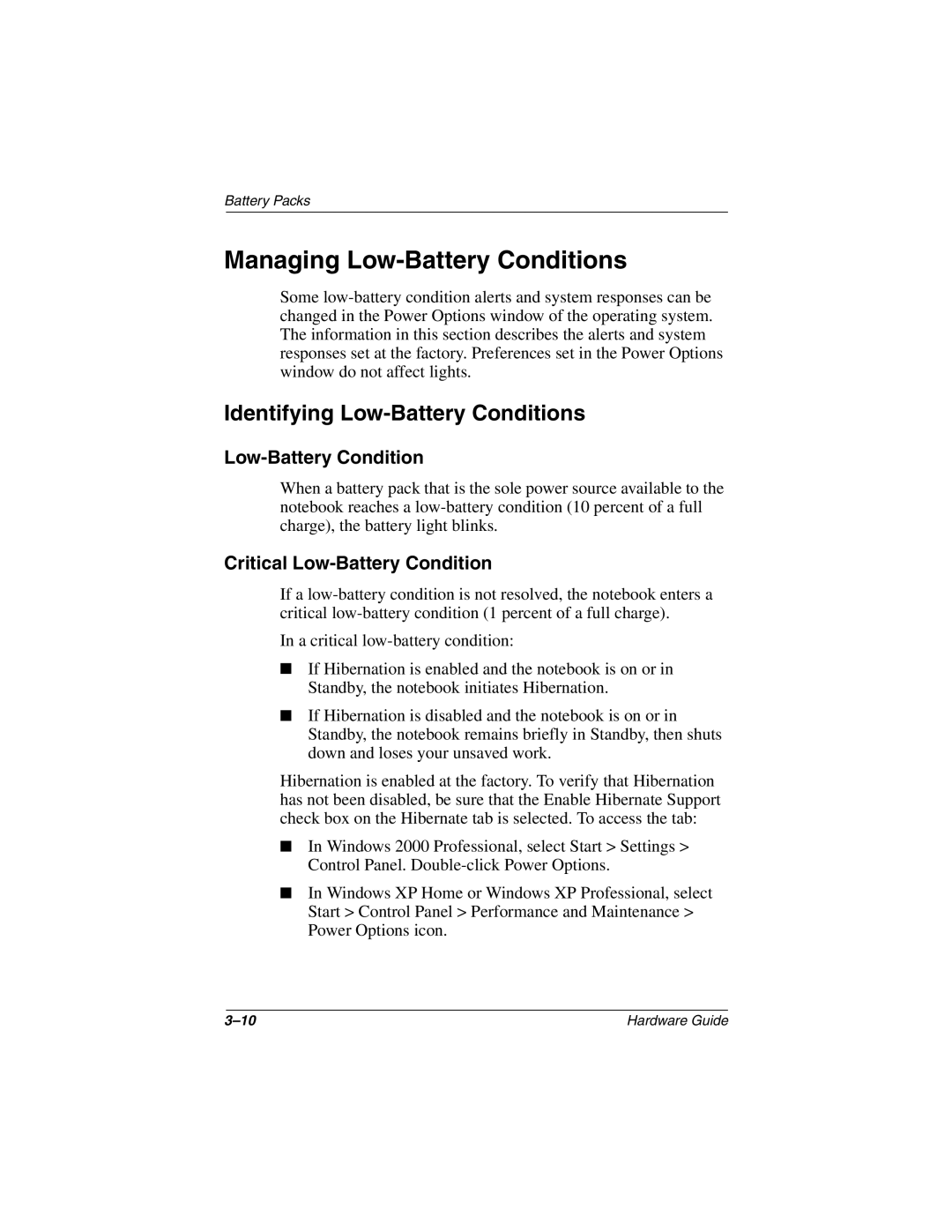 HP 2868AP, 2899AP manual Managing Low-Battery Conditions, Identifying Low-Battery Conditions, Critical Low-Battery Condition 